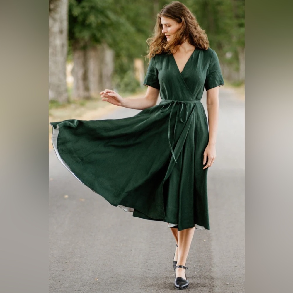 SOLD Son de Flor Evergreen Wrap Linen Dress Size XS